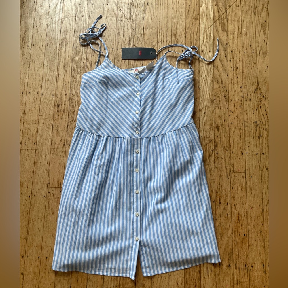 Levi’s seersucker look sundress tie shoulder spaghetti strap shirt dress